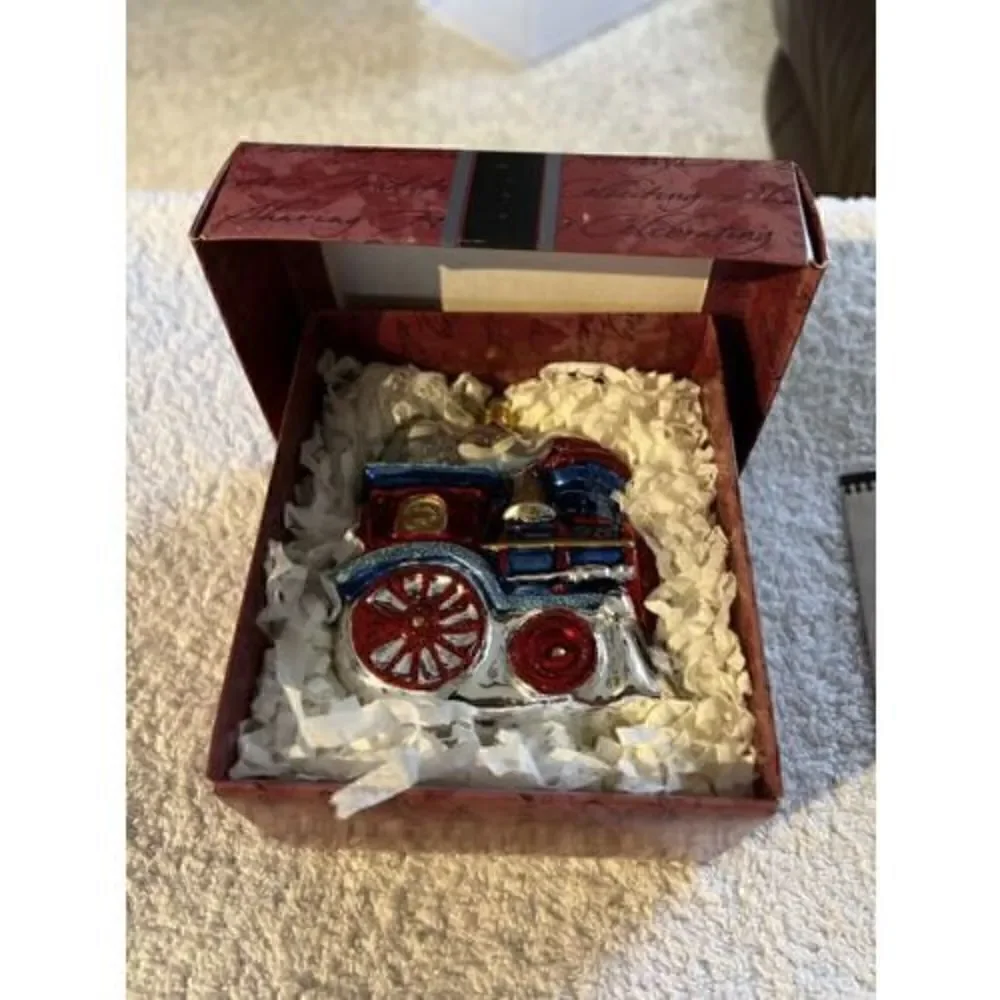 1998 Hallmark Keepsake Crown Reflections Blown Glass FESTIVE LOCOMOTIVE ornament